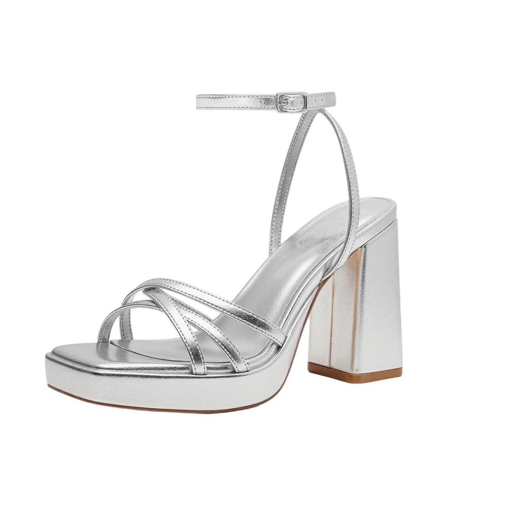 Shoe'N Tale Silver Metallic Strappy Platform Block Heel Sandals‎ Square Toe 7.5